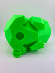 Low-poly 3D-printed Bulbasaur coin bank in rich bright green, featuring a coin slot and a removable cap at the bottom, standing 18 cm tall
