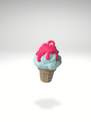 3D printed vanilla ice cream cone fidget toy keychain topped with glossy strawberry sauce, shown on a white background