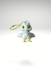 Close-up of white 3D printed goose bag charm with yellow beak and feet on a white background