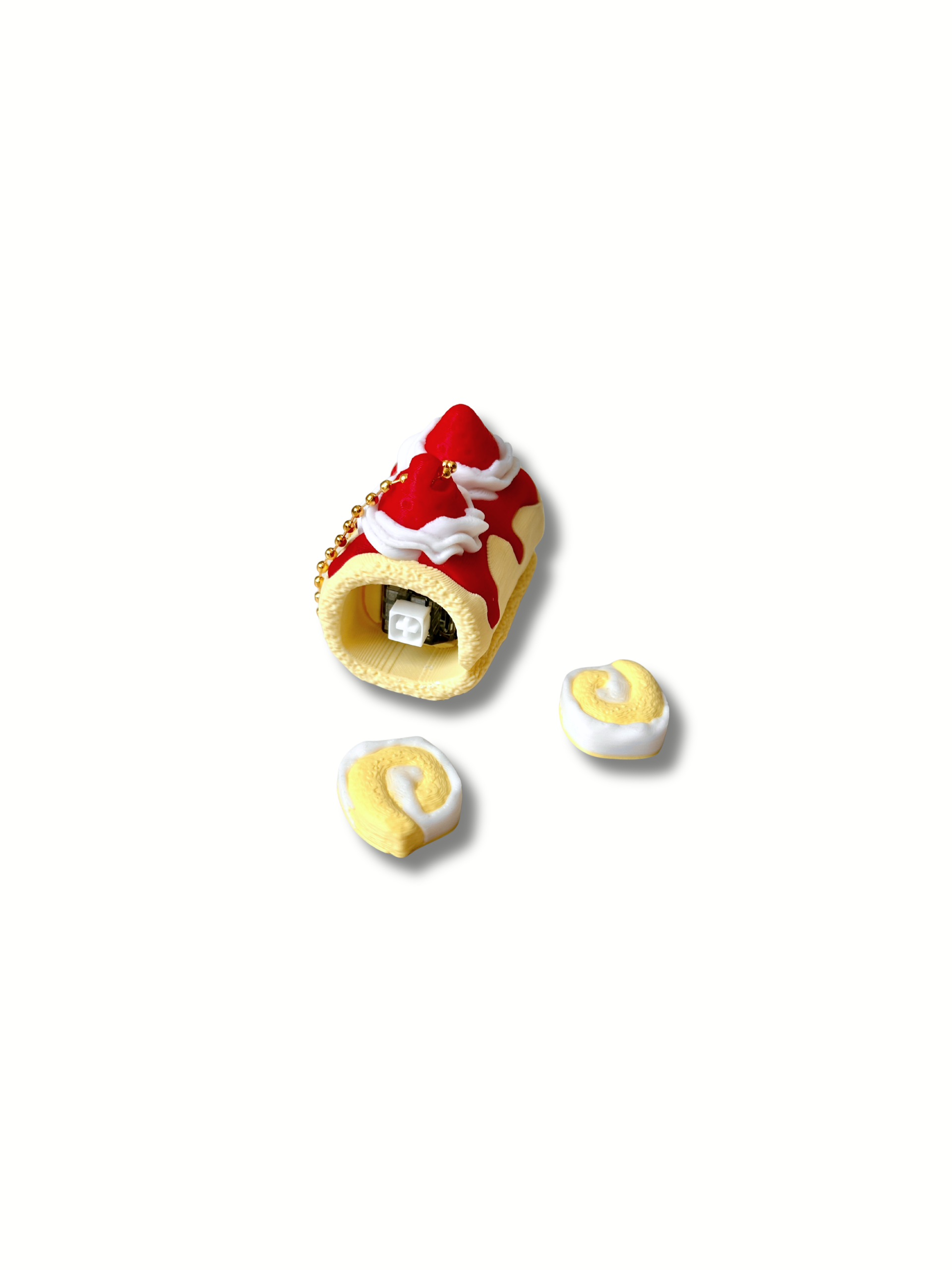 3D Printed Swiss Roll Cake Clicker Keychains – Carrot Cake, Strawberry Cream & Chocolate – product view | Dubai 3D Printing