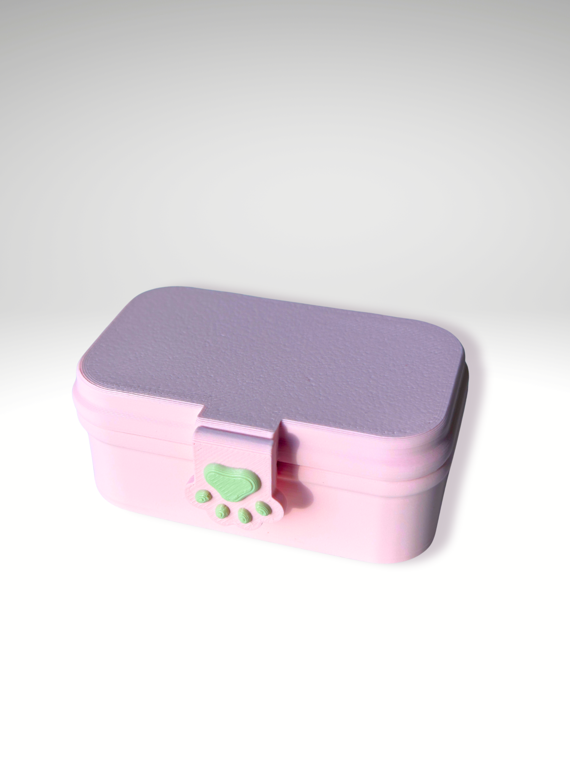 Closed pink 3D printed bento box clicker with a clear view of the paw-shaped lock that secures the lid shut