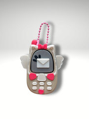 Cupid Retro Phone Clicky Pal – cream 3D printed clicker phone keychain with angel wings, a love-letter screen and pink hearts | Dubai 3D Printing