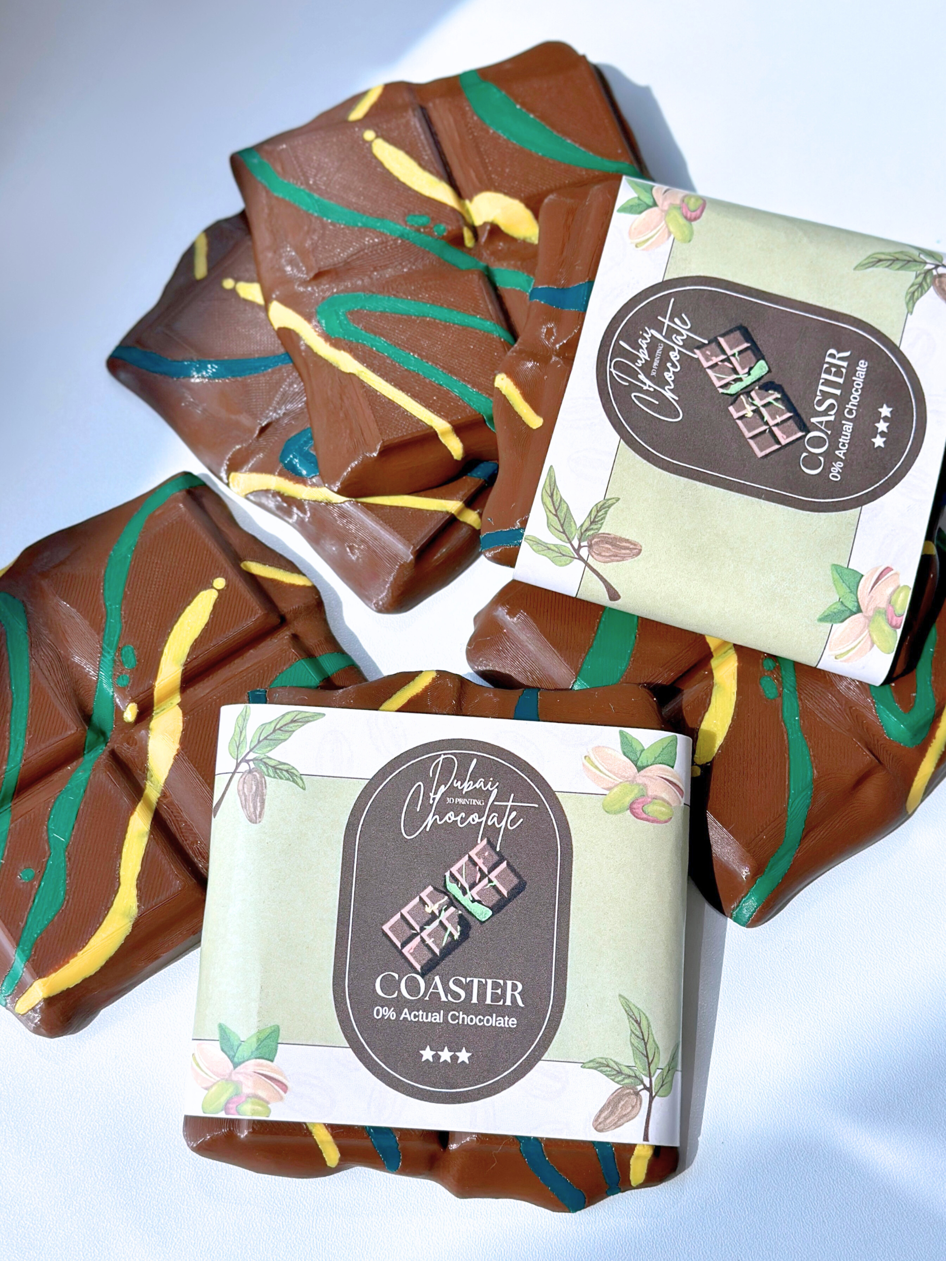 Multiple 3D printed chocolate drink coasters laid out on a flat surface