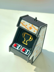 Fantasy Retro Arcade Clicky Pal – teal 3D printed mini arcade cabinet clicker keychain with a pixel-adventure marquee and sparkle screen | Dubai 3D Printing