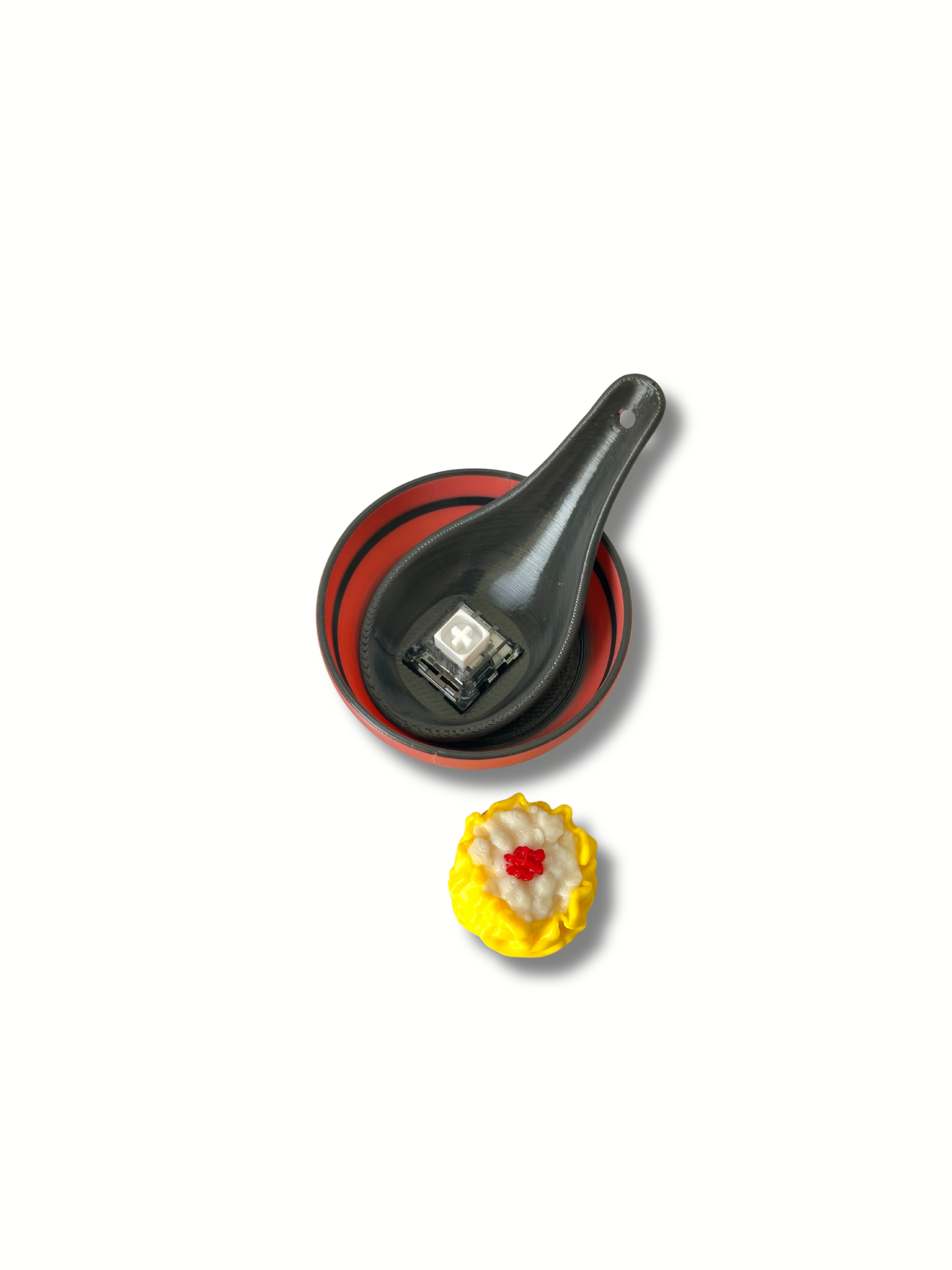Dim sum fidget clicker open showing mechanical keyboard switch inside spoon Dubai 3D Printing